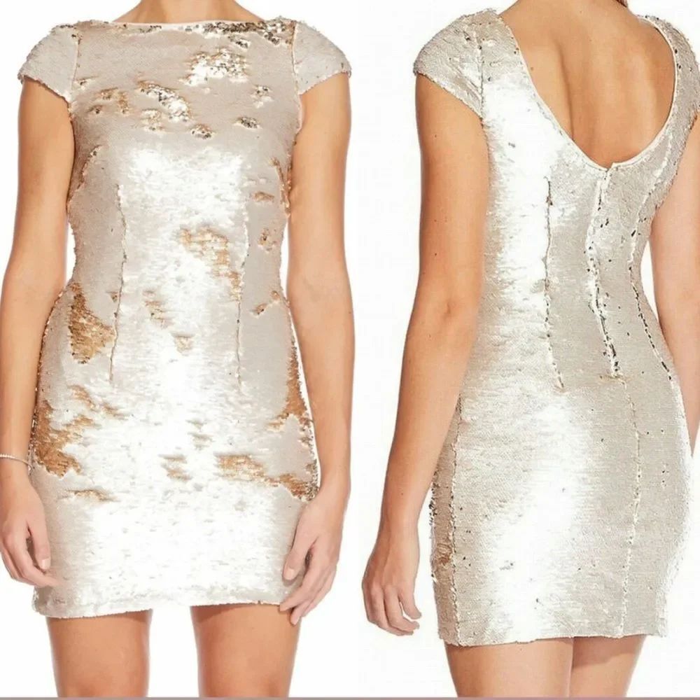 Adrianna Papell Two-Tone Sequined Sheath Mini Dress in Champagne
EE2